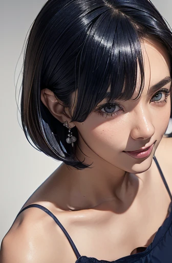 (masterpiece), (8k, best quality, high resolution), (ultra-detailed, realistic), (anatomically correct),
((from above)), ((look up and see the viewer)),
((face close-up)), (Standing), (No background),
(1woman),
(A Japanese woman, 18 years old and 155cm tall.),
((Create a detailed image of the eye)),
(((Wear a navy blue tunic camisole))), ((A camisole without decoration.)),
(black hair), (straight hair), (short hair style), (bob cut),
((put hair over ear)),
((There is a conspicuous mole on the chin)),
((smile broadly)),
(Her impression is pure, clean and kind.),