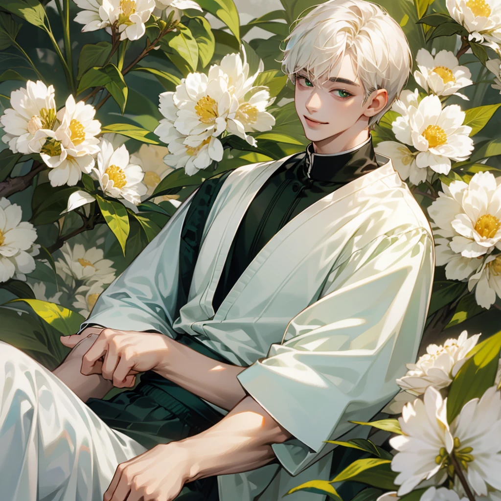 high quality, detailed,
young man , 4K UHD, super detail, best quality, detailed eyes, masterpiece, young ,21years old ,white short hair ,green beautifull eyes,sweet smile ,quiet expression,beautiful smile,casual outfit