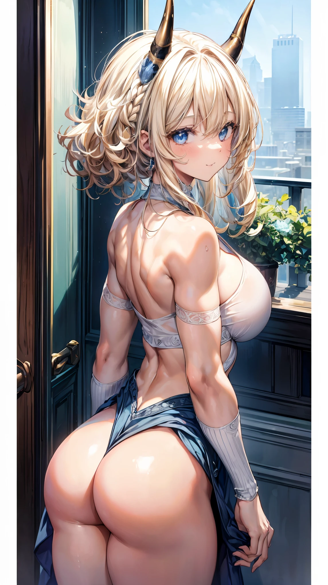Very detailed、highest quality、Best image quality、masterpiece、8k、Sparkling Blue Eyes、Anime Face、A kind smile、Blonde curly hair、(SFW Giant)、(((Rear View)))、Cowboy Shot、Wearing a white T-back、Muscles of the whole body、Horn