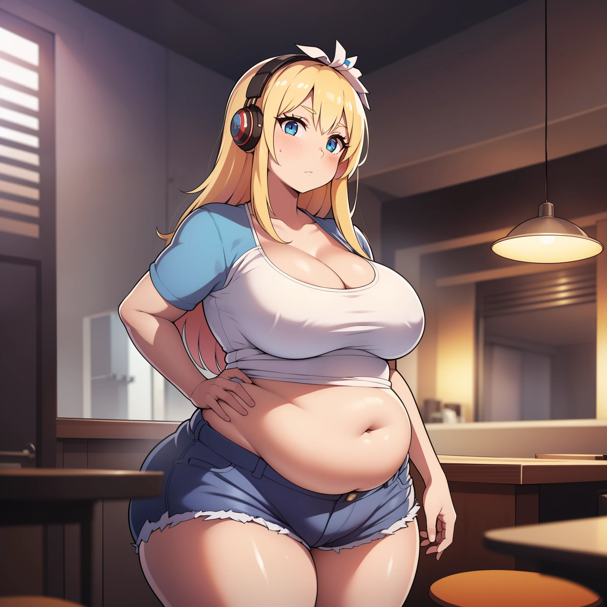 ((highres)), Masterpiece, high quality, best quality, beautiful, perfect lighting, detailed face, ultra cute face, looking at viewer, ((21girl)), ((solo)), blush, blonde hair, blue eyes, crop top and shorts, fast food restaurant, cleavage, medium breasts, ((wide hips)), (thick thighs), ((fat ass)), ((plump)), chubby belly, belly grab, fat folds, standing next to each other,