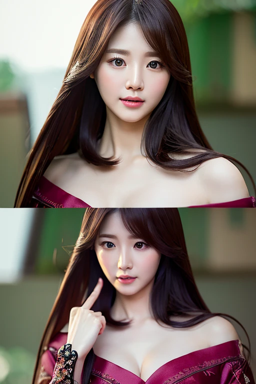 Realistic photos (one cute korean actress) Straight long hair, light makeup, Medium chest, Long dress, close, Canon EOS 8K high resolution captures facial features clearly, Sharp details, Realistically