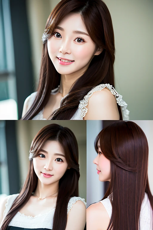 Realistic photos (one cute korean actress) Straight long hair, light makeup, Medium chest, Long dress, close, Canon EOS 8K high resolution captures facial features clearly, Sharp details, Realistically