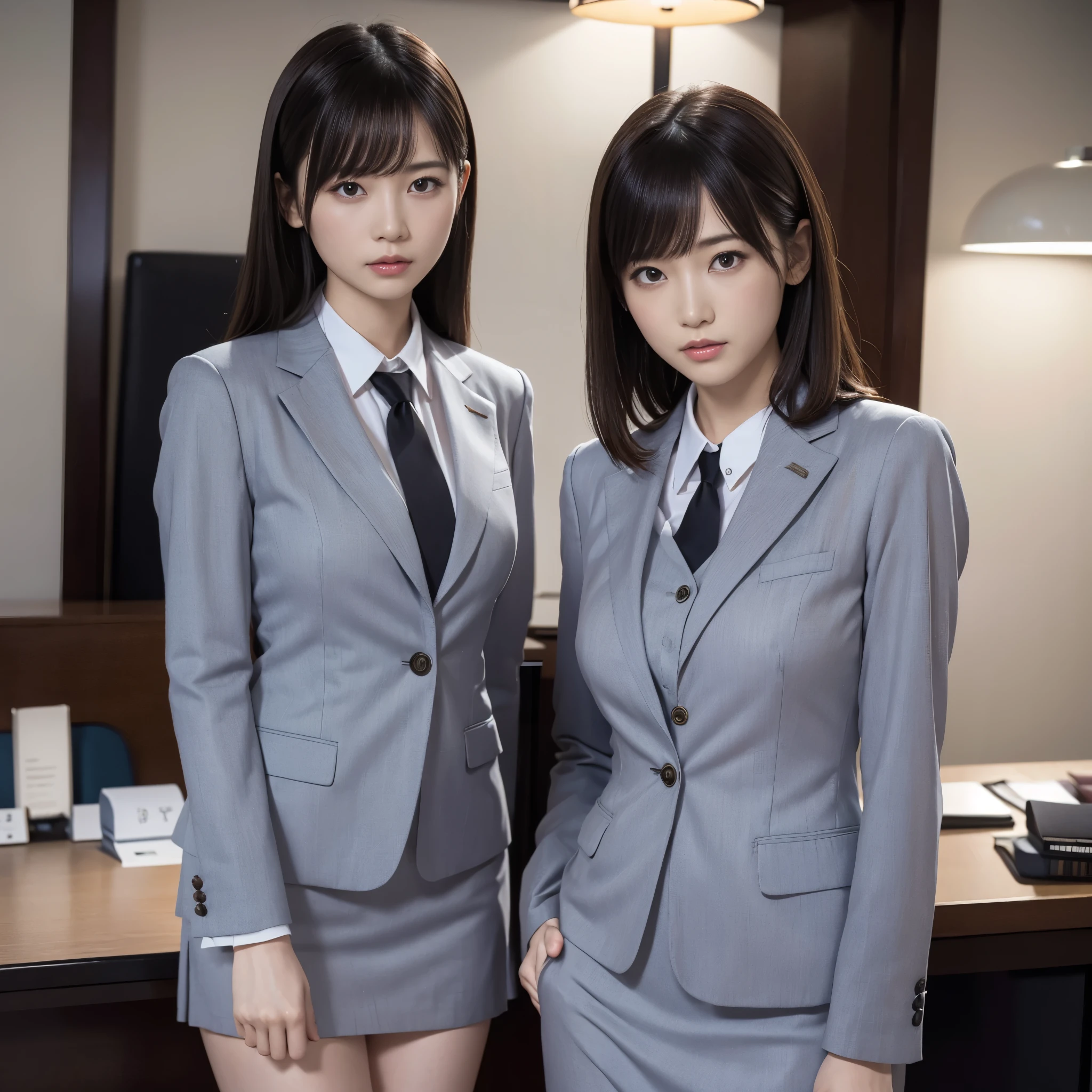 suit,2 lady,realistic,(ultra quality:1.2),japanese,high quality,masterpiece,(ultra detailed:1.4),japanese lady,beautiful face,(skirt-suit:1.1),((office)),slender,highres,