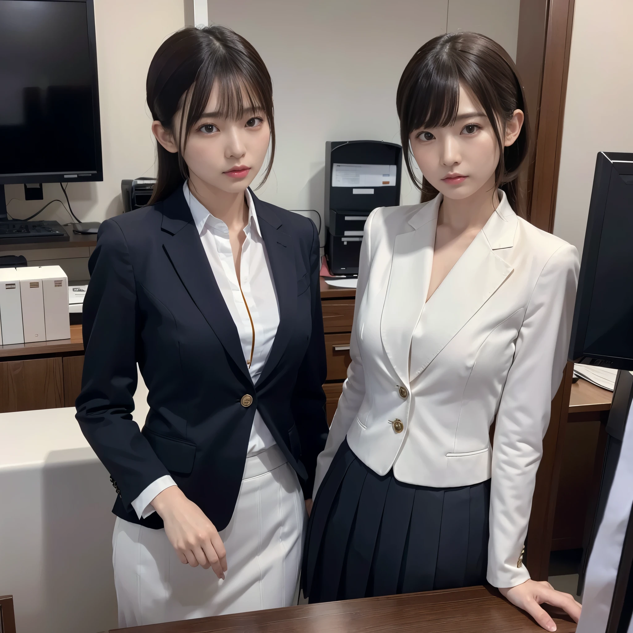 suit,2 lady,realistic,(ultra quality:1.2),japanese,high quality,masterpiece,(ultra detailed:1.4),japanese lady,beautiful face,(skirt-suit:1.1),((office)),slender,highres,