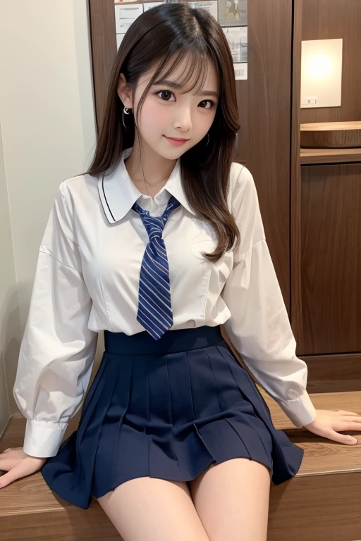 Cute Girls、Schoolgirl uniform、Beige mini skirt、sit