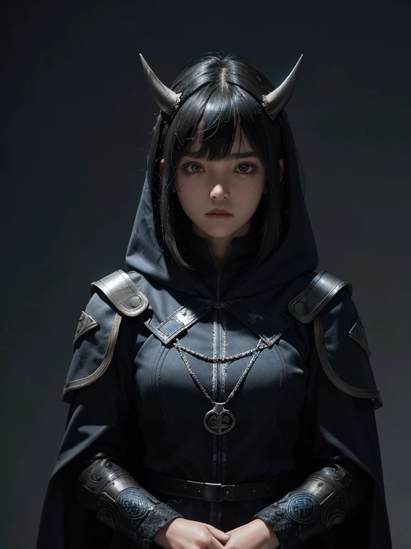 a 15 yo girl, wearing blue medieval hood with silver runes lining, serious face, short bob hair with bangs, black hair, single horn on left front fore head, dark theme, soothing tones, muted colors, high contrast, looking away (natural skin texture, hyperrealism, soft light, sharp) lost spirit background,