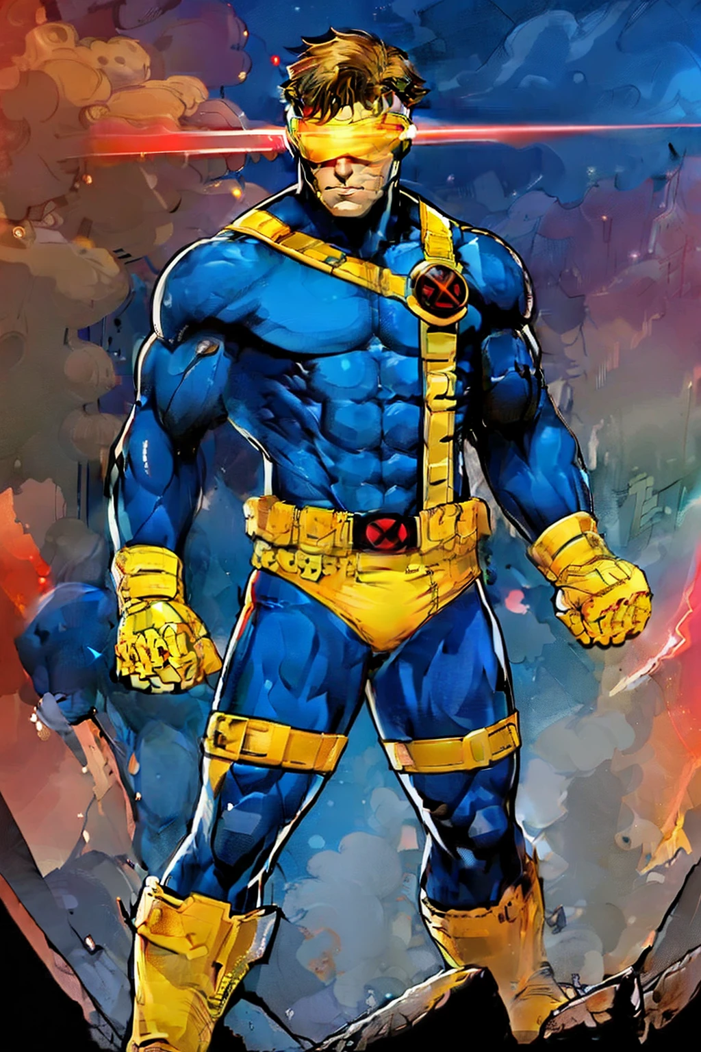 male, (yellow underwear:1), blue suit, cyclops, body, x-men, fixing his red visor, laser visor, (masterpierce:1.2), super heroes, standing, mansion