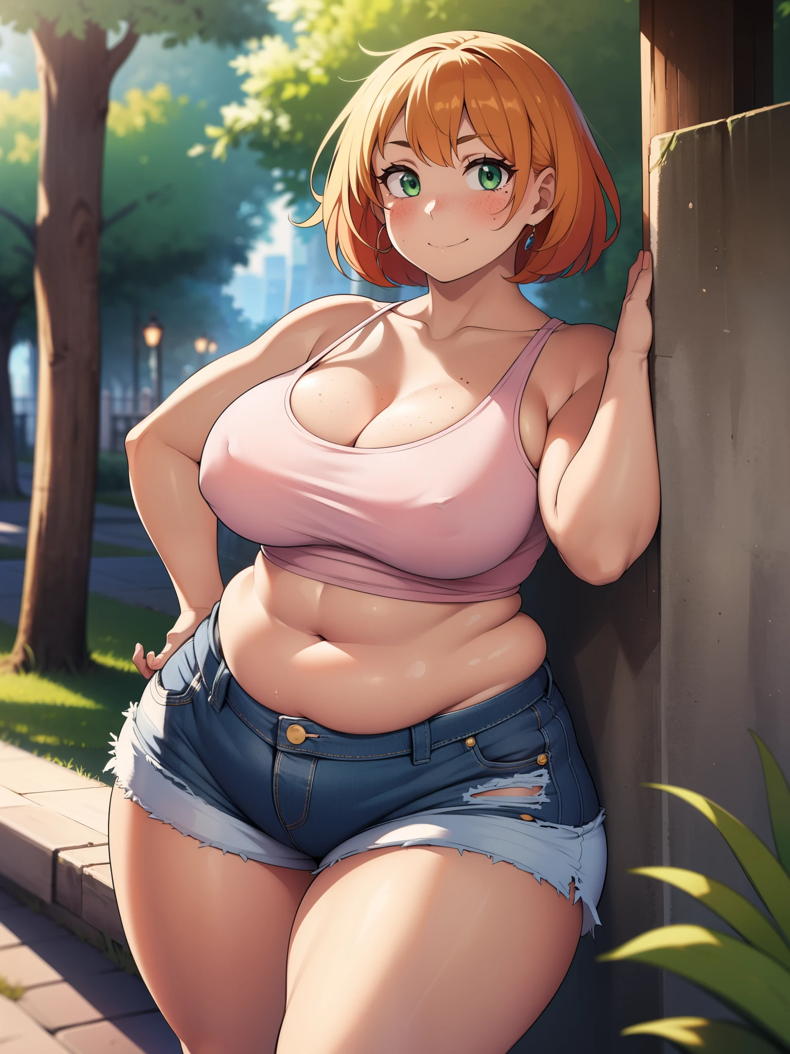 
((highres)), Masterpiece, high quality, best quality, beautiful, perfect lighting, detailed face, ultra cute face, full body, (cowboy shot 1.5), wide angle, ((1girl)), ((solo)),

Short hair, messy hair, orange hair, freckles, green eyes, ((blush)), bright smile, looking at viewer, (white tank top 1.5), (micro jean shorts 1.5), ((thick thighs)), (wide hips), chubby, chubby belly, , medium breasts,breasts, hand o

20 year old female, standing in a park, (park), daytime, summer time, hands on hip
