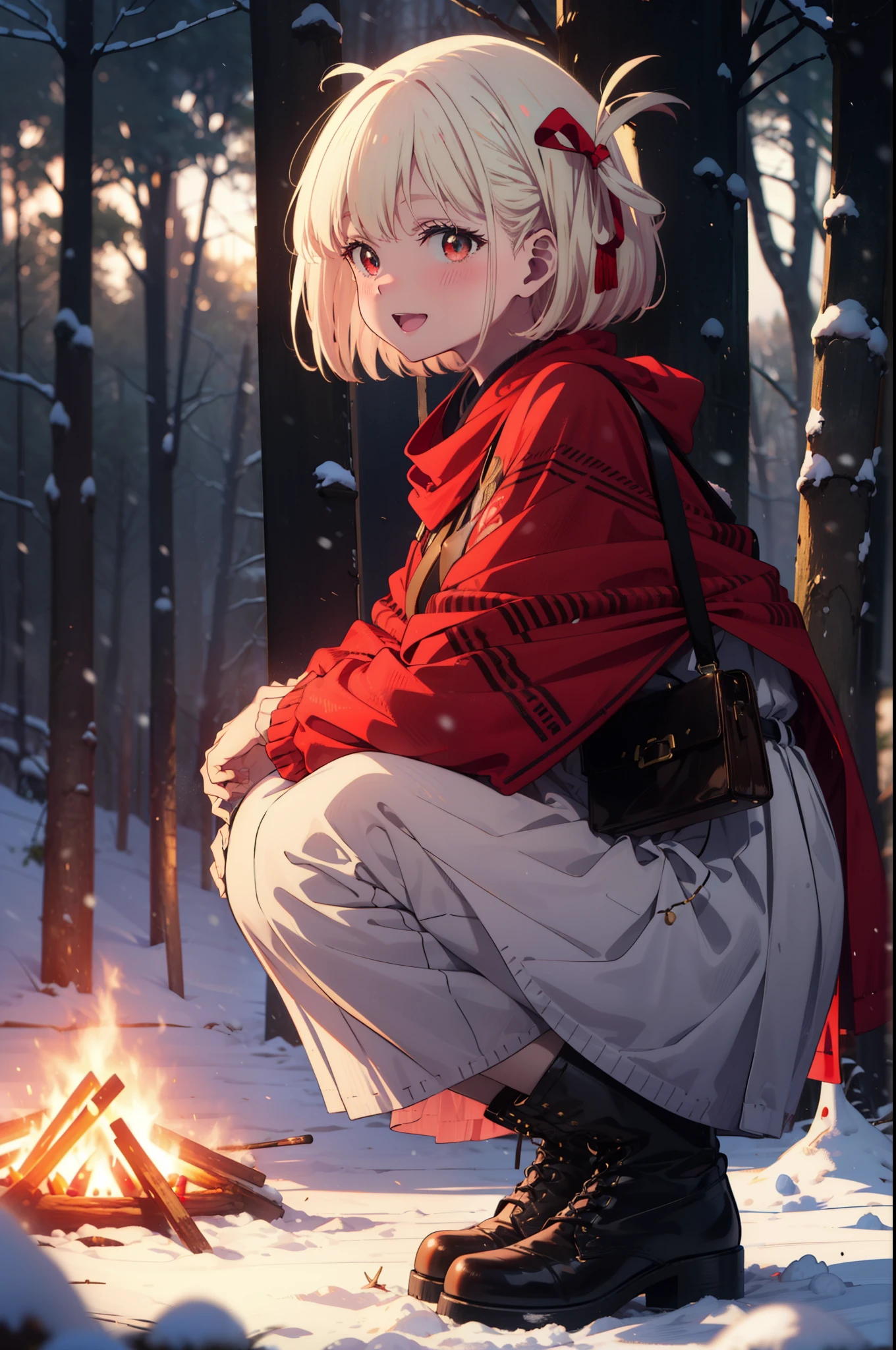 chisatonishikigi, Chisato Nishikigi, short hair, bangs, blonde, (Red eyes:1.5), Hair Ribbon, One side up, Bobcut,smile,blush,happy smile, smile, Open your mouth,
White Breath, Open your mouth,snow, Ground bonfire, Outdoor, boots, snowing, From the side, wood, suitcase, Cape, Blurred, Increase your meals, forest, White handbag, nature, Squat, Mouth closed, フードed Cape, winter, Written boundary depth, Black shoes, red Cape break looking at viewer, Upper Body, whole body, break Outdoor, forest, nature, break (masterpiece:1.2), highest quality, High resolution, unity 8k wallpaper, (shape:0.8), (Beautiful and beautiful eyes:1.6), Highly detailed face, Perfect lighting, Highly detailed CG, (Perfect hands, Perfect Anatomy),