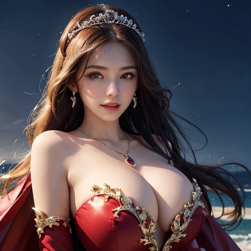 1 girl, long cherry hair, oval face, sexy smile parted lips, detailed face, slim body, fair skin, large breasts, sexy pose, arm support, hold hands, detailed body, chokes, ear wear, tiara, necklace, gloves, cherry long sleeves, cherry full dress, cherry cape , cleavage, very soft lights, night beach blurred background, photorealistic, best quality