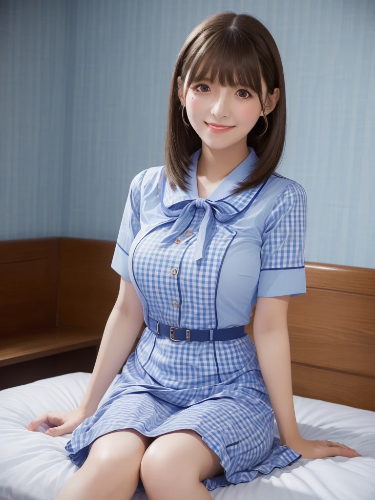 (masterpiece:1.5),(highest quality:1.5),(Highest quality:1.5),(8K:1.5),(Watching the audience),(Big Breasts:1.3),smile,(bed:1.2),Slender,Narrow waist,Beautiful and thin legs,(Gingham check light blue dress:1.2),(Family Restaurant Uniforms:1.2)