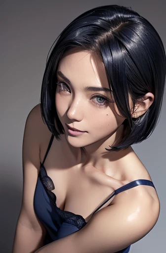 (masterpiece), (8k, best quality, high resolution), (ultra-detailed, realistic), (anatomically correct),
((from above)), ((look up and see the viewer)),
((face close-up)), (Standing), (No background),
(1woman),
(A Japanese woman, 50 years old and 155cm tall.),
((Create a detailed image of the eye)),
(((Wear a navy blue tunic camisole))), ((A camisole without decoration.)),
(black hair), (straight hair), (short hair style), (bob cut),
((put hair over ear)),
((There is a conspicuous mole on the chin)),
((smile broadly)),
(Her impression is pure, clean and kind.),