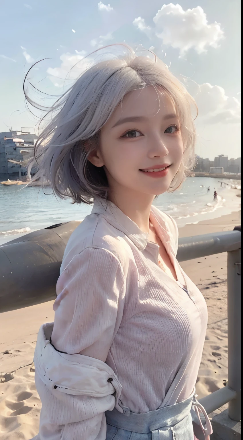 Best image quality、RAW Photos、超A high resolution、21 years old Korean、Small breasts、Dynamic Angle、Cowboy Shot、Chaos in its most beautiful form、elegant、Brutalist Design、Vibrant colors、Beautiful white hair、Short Bob、smile、fun、smile、Glowing White Skin、Beautiful eyes with random colors、Very thin lips、Beautiful eyes in every detail、 Narrow eyes、Cheeks are pale pink、Length eyelashes、Beautiful double eyelids、eye shadow、Bright white hair、Overalls、A thin see-through jacket、Sandy Beach、null、Shooting from below at an angle、Low - Angle、The wind is blowing、Hair fluttering、Uplifting、Full body photography、