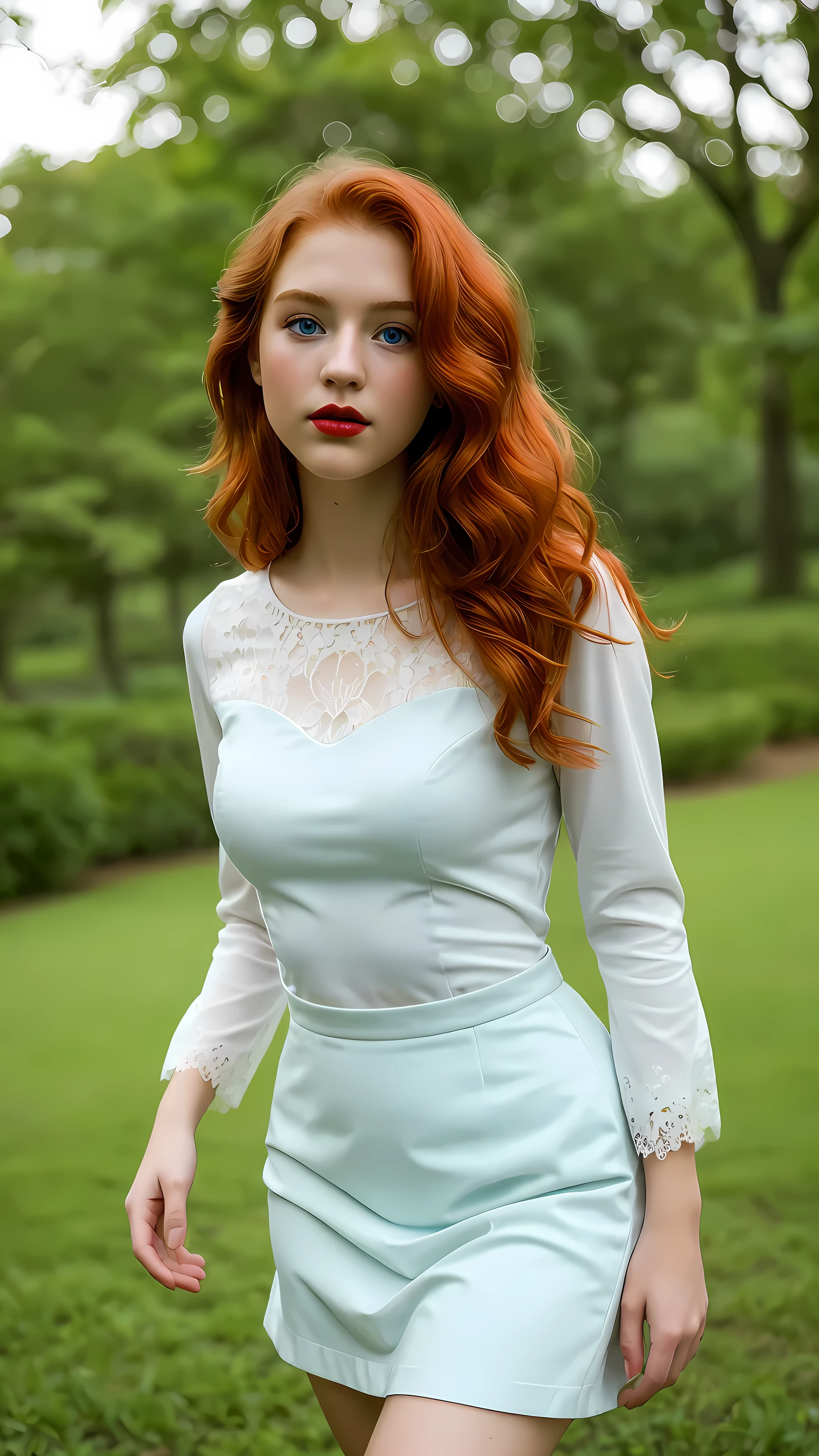 Create a fine art photograph of an attractive young woman who embodies classic beauty. She is an 18-year-old redhead with long, curly hair, fair complexion, striking blue eyes, and bold cherry-red lips adorned with subtle makeup. Capture her curvaceous figure, which highlights an hourglass silhouette through clothing choices—a high-waisted skirt paired with a delicate lace bodysuit. The setting features a serene white room filled with flourishing greenery, providing a sense of intimacy and solitude. Portray her candidly, engaging the viewer with a pouting facial expression and a relaxed posture. Utilize shallow depth of field, natural lighting, and capture the final result in hyper-realistic style at 6k or higher resolution.