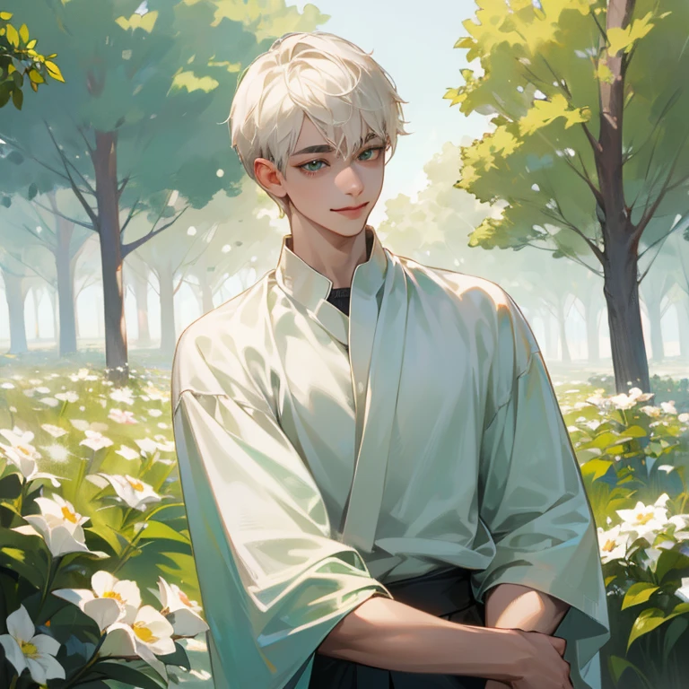 high quality, detailed, 
young man , 4K UHD, super detail, best quality, detailed eyes, masterpiece, young ,21years old ,white short hair ,green beautifull eyes,sweet smile ,quiet expression,beautiful smile,casual outfit