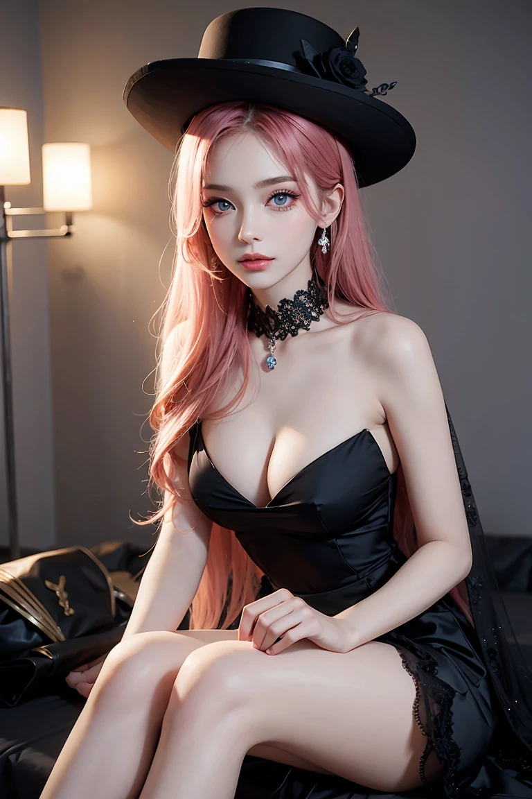 hot Elegant sexy Lady with very cute face , (((very very detale face))) , beutiful eyes , (((detale eyes))) very long eye lashes , pink makeup , in Long Black Dress and Hat. Fashion Woman in evening Luxury Gown with Slit over White. Mysterious Beautiful Girl showing Sexy Leg in Flying Skirt stock photo
