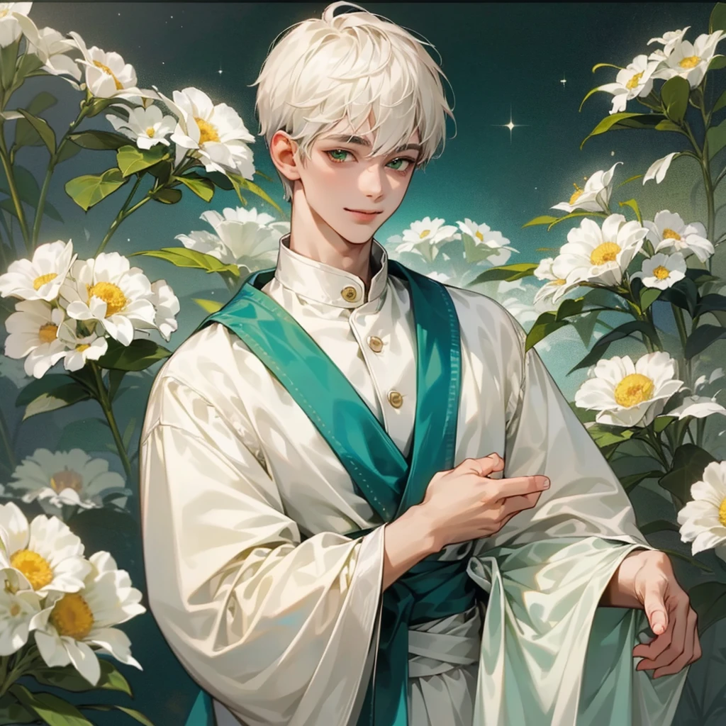 high quality, detailed,
young man , 4K UHD, super detail, best quality, detailed eyes, masterpiece, young ,21years old ,white short hair ,green beautifull eyes,sweet smile ,quiet expression,beautiful smile,casual outfit