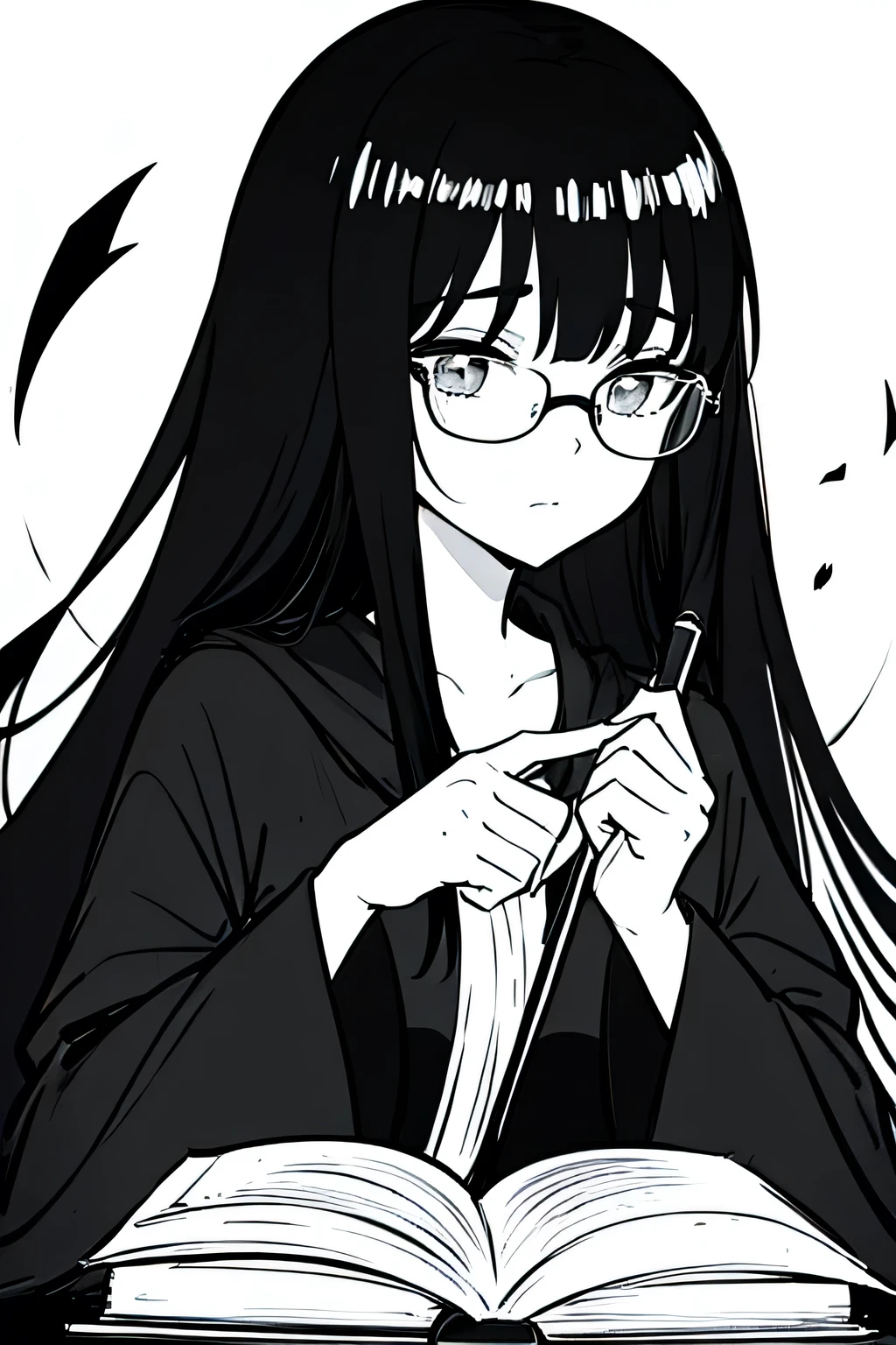 Black hair black robe glasses long hair girl books black and white