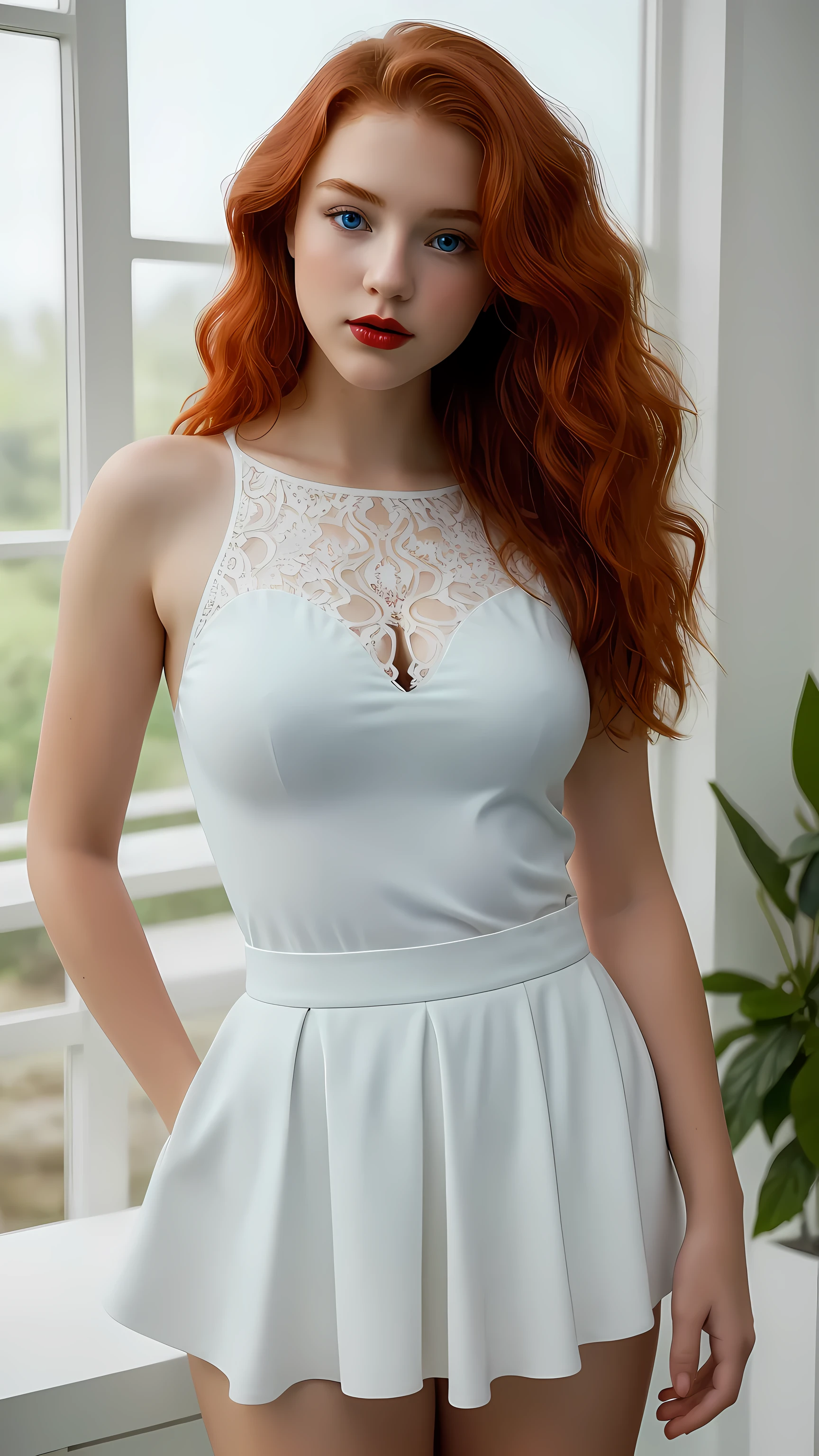 Create a fine art photograph of an attractive young woman who embodies classic beauty. She is an 18-year-old redhead with long, curly hair, fair complexion, striking blue eyes, and bold cherry-red lips adorned with subtle makeup. Capture her curvaceous figure, which highlights an hourglass silhouette through clothing choices—a high-waisted skirt paired with a delicate lace bodysuit. The setting features a serene white room filled with flourishing greenery, providing a sense of intimacy and solitude. Portray her candidly, engaging the viewer with a pouting facial expression and a relaxed posture. Utilize shallow depth of field, natural lighting, and capture the final result in hyper-realistic style at 6k or higher resolution.
