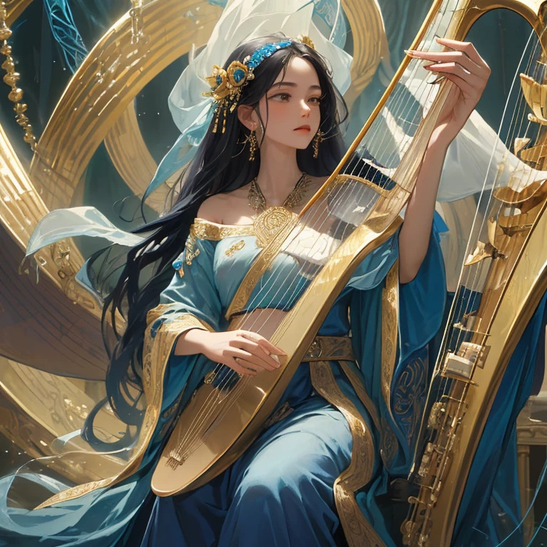 masterpiece, best quality,, a set of ethereal strings, the strings manifest as shimmering ribbons of dark blue and gold, extending from fingertips with a mesmerizing grace. It takes the form of a majestic harp-like instrument, adorned with intricate designs that resemble twisted vines and thorns. Its strings resonate with a haunting melody.