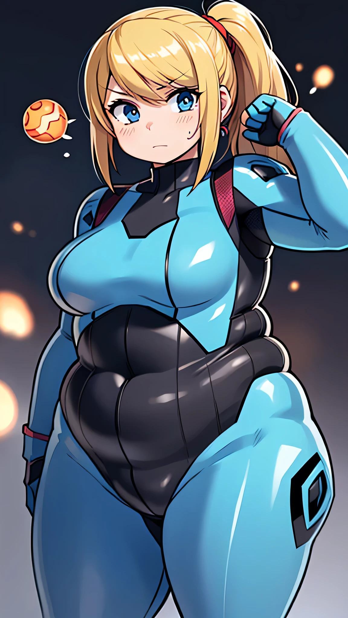 score_9, score_8_up, score_7_up, Samus Aran from Metroid, zero suit, looking at viewer, action pose, cowboy shot, chubby girl