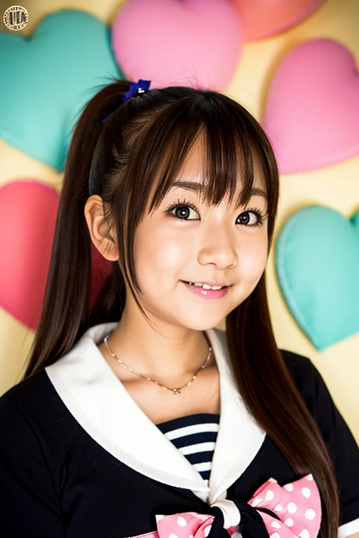 Ichige Style, One girl, alone, Brown Hair, heart, hair ornaments, , Side Ponytail, smile, View Viewer, neckerchief, Upper Body, heart hair ornaments, cardigan, Sailor collar, serafuku, black Sailor collar, bangs, Yellow Eyes, Mouth closed, Long Hair, Brown eyes, purple neckerchief, Striped background, clavicle, Striped, Polka dots, star (symbol)