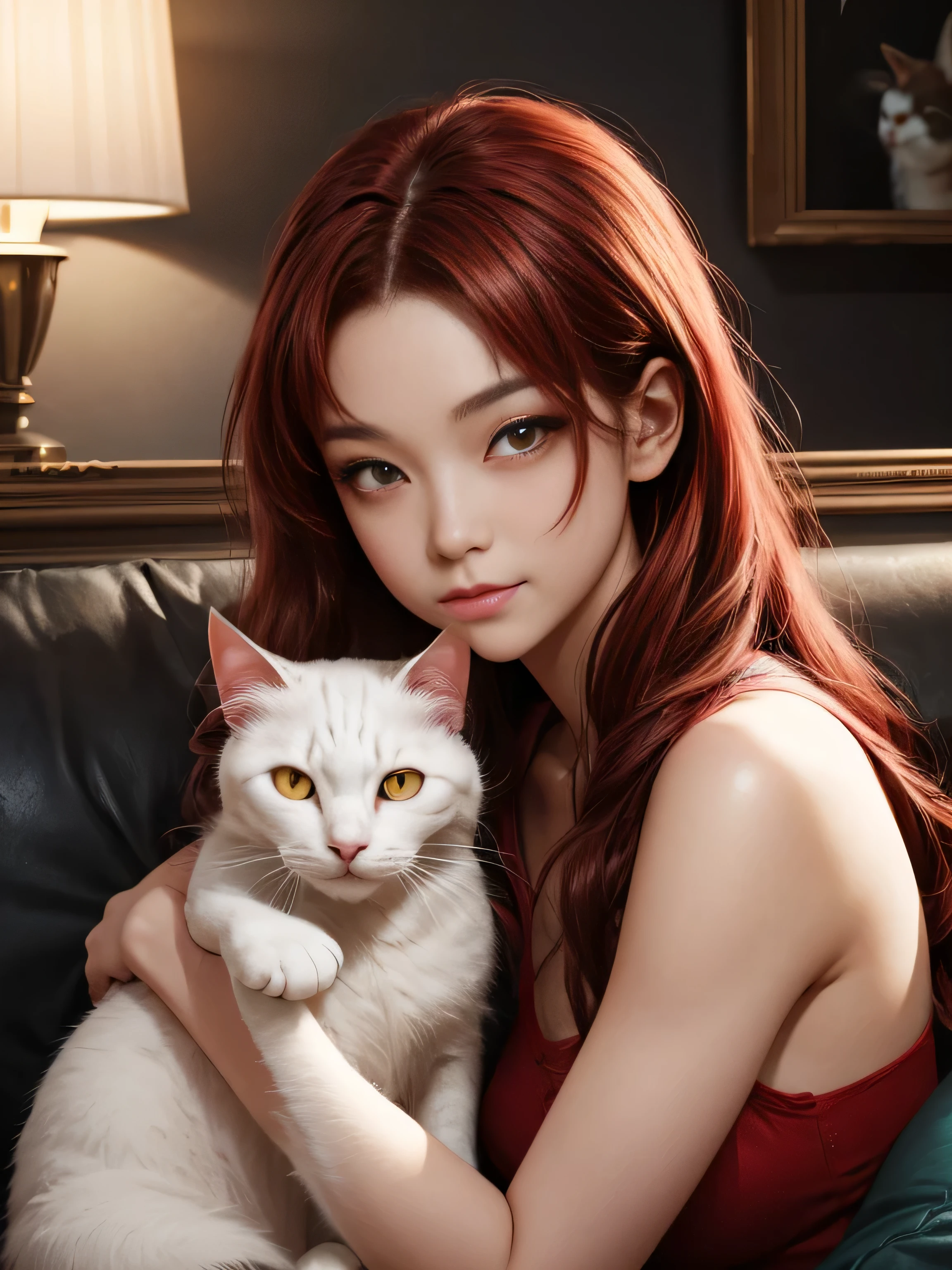 (Best Quality, 8K, Masterpiece, HDR, Soft Lighting, Picture Perfect, Realistic, Vivid) anime - style woman with red hair and cat sitting on a couch, attractive cat girl, white cat girl, ruan jia and artgerm, style artgerm, artgerm and ruan jia, beautiful young catgirl, ig model | artgerm, white ( cat ) girl, trending on cgstation, very beautiful cute catgirl, catgirl, Perfect female body, Eyes looking at camera (with long red hair, long bangs, Forehead, smile, seductive, anime character portrait inspired) color difference, depth of field, dramatic shadow, ray tracing, best quality, highly detailed CG, 8K wallpaper, female model, [Carefully rendered hair [Read more about beautiful and shiny hair]] ,(Perfect hand detail [ Beautiful fingers without breakage [Beautiful nails]],(Perfect anatomy (Perfect proportions)) [[Resembles the whole body]],[Perfect color coordination (Accurate imitation of the interaction of light and material)], [Fine art, conveying the meaning of the story]