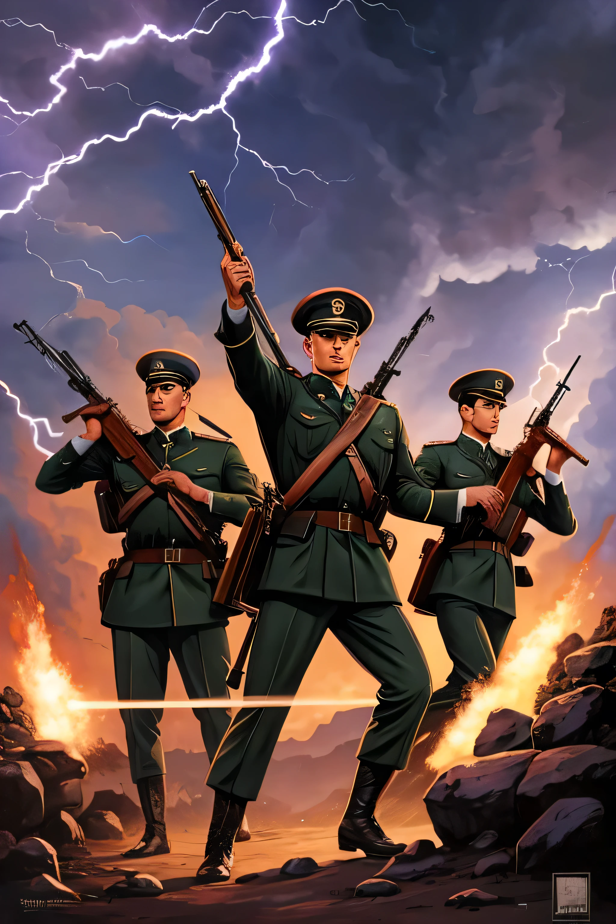 arte, inspirado en John Buscema, cartel de la segunda guerra mundial, Vemos soldados franceses con un rifle en la mano., Perfecto uniforme militar negro., Cuerpo delgado, Imposition on the battlefield, cannon fire, escena, demonstrating seriousness and conviction, purple lightning, nublado, nubes, siendo golpeado