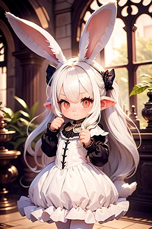 solo,1girl\((chibi:1.8),cute,kawaii,small kid,(white hair:1.7),(very long hair:1.7),bangs,(ear\(fluffy white bunny-ear\):1.4),(red eye),big eye,beautiful shiny eye,skin color white,big hairbow,(white frilled dress:1.3),breast,(dancing ballet:1.3)\), BREAK ,background\(inside,gothic hall\), quality\(8k,wallpaper of extremely detailed CG unit, ​masterpiece,hight resolution,top-quality,top-quality real texture skin,hyper realisitic,increase the resolution,RAW photos,best qualtiy,highly detailed,the wallpaper,golden ratio\), BREAK ,(better hands),[rabbit:0.1],(better legs),5fingers each hand