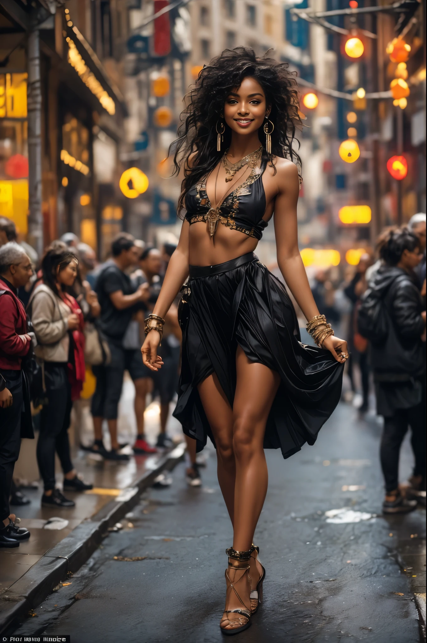 bellissima,1girl dancing, jewelry, breasts, ((dancing1.4)), dancing in the street, high heels, dark skin, bracelet, navel, earrings, solo focus, anklet, dark-skinned female, midriff, blurry background, long hair, necklace, cleavage, black hair, skirt, realistic, navel piercing, Smiling