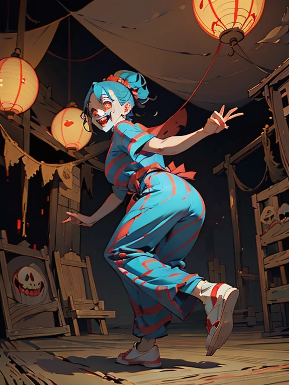 (Brutal horror、Dark and spooky atmosphere)、White and blue outfit、Gruesome and spooky details、An atmosphere full of suspense and tension、Psychological horror、Cute Smile、Mysterious and unsettling atmosphere、A terrifying moment、Unforgettable、Cute ass、Nightmare scenario、The twisted madness of a murderer、Smiling clown、bright red nose、Open costume、Dramatic lighting effects、Striped shirt、Big shoes、Enthusiastic atmosphere、Mischievous Smile、Expressive gestures、Comical movement、Circus Tent、Festive mood、Exciting performance、Written by Hirohiko Araki、Ukiyo-e、