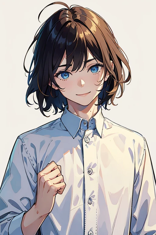 a drawing of a comic style character, looking at viewer, narrow eyes, eyes half-closed, big laugh with half-closed eyes, happy smile, great joy, cheerful, male focus, white shirt, best quality, masterpiece, (1 boy: 1.3), young adult, 20 years old, blunt bangs, Light brown hair, handsome short hair, hair over eyes, ears hidden by hair, blue eyes, Light pigmentation, straight hair, Messy Hair, detailed beautiful face and eyes, Slender, cute, neutral, 4k, Very detailed, Anatomically correct, Clear images, From the side, 8K, Super detailed, masterpiece, high quality, High resolution, High Detail, Facial details, happiness, White background