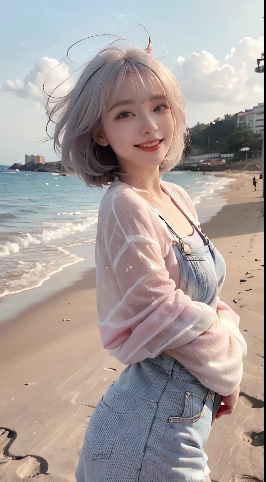 Best image quality、RAW Photos、超A high resolution、21 years old Korean、Small breasts、Dynamic Angle、Cowboy Shot、Chaos in its most beautiful form、elegant、Brutalist Design、Vibrant colors、Beautiful white hair、Short Bob、smile、fun、smile、Glowing White Skin、Beautiful eyes with random colors、Very thin lips、Beautiful eyes in every detail、 Narrow eyes、Cheeks are pale pink、Length eyelashes、Beautiful double eyelids、eye shadow、Bright white hair、Overalls、A thin see-through jacket、Sandy Beach、null、Shooting from below at an angle、Low - Angle、The wind is blowing、Hair fluttering、Uplifting、Full body photography、