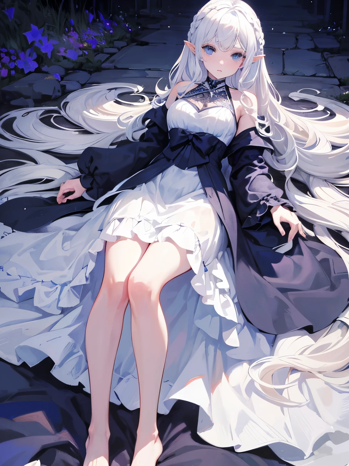RAW photo , insanely detailed, highest quality, high resolution, solo,break、(contrast:1), full body、 Seen from directly above, lying in a field of flowers, back on the floor、Seductive pose、blue eyes、 (((white hair Beach waves hairstyle ))), (cosmetics), White effect, ((night)) 、 break、Vampire Castle, detailed background,, moon、 break、Antonio Riva dress:1.1,dress made of slightly transparent fabric:1.3、(extremely intricate:1.2), high fantasy, beautiful face, pointy ears, break,background, monochrome, greyscale, barefoot, break、outdoor