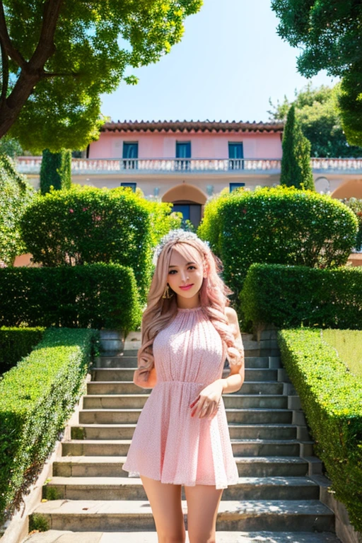 masterpiece, highest quality, Very detailed, figure, Beautiful fine details, close, 1 girl, Pink Hair, White Dress, Entrance of the villa, Standing position, Downward