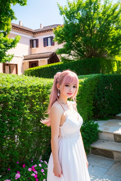 masterpiece, highest quality, Very detailed, figure, Beautiful fine details, close, 1 girl, Pink Hair, White Dress, Entrance of the villa, Standing position, Downward