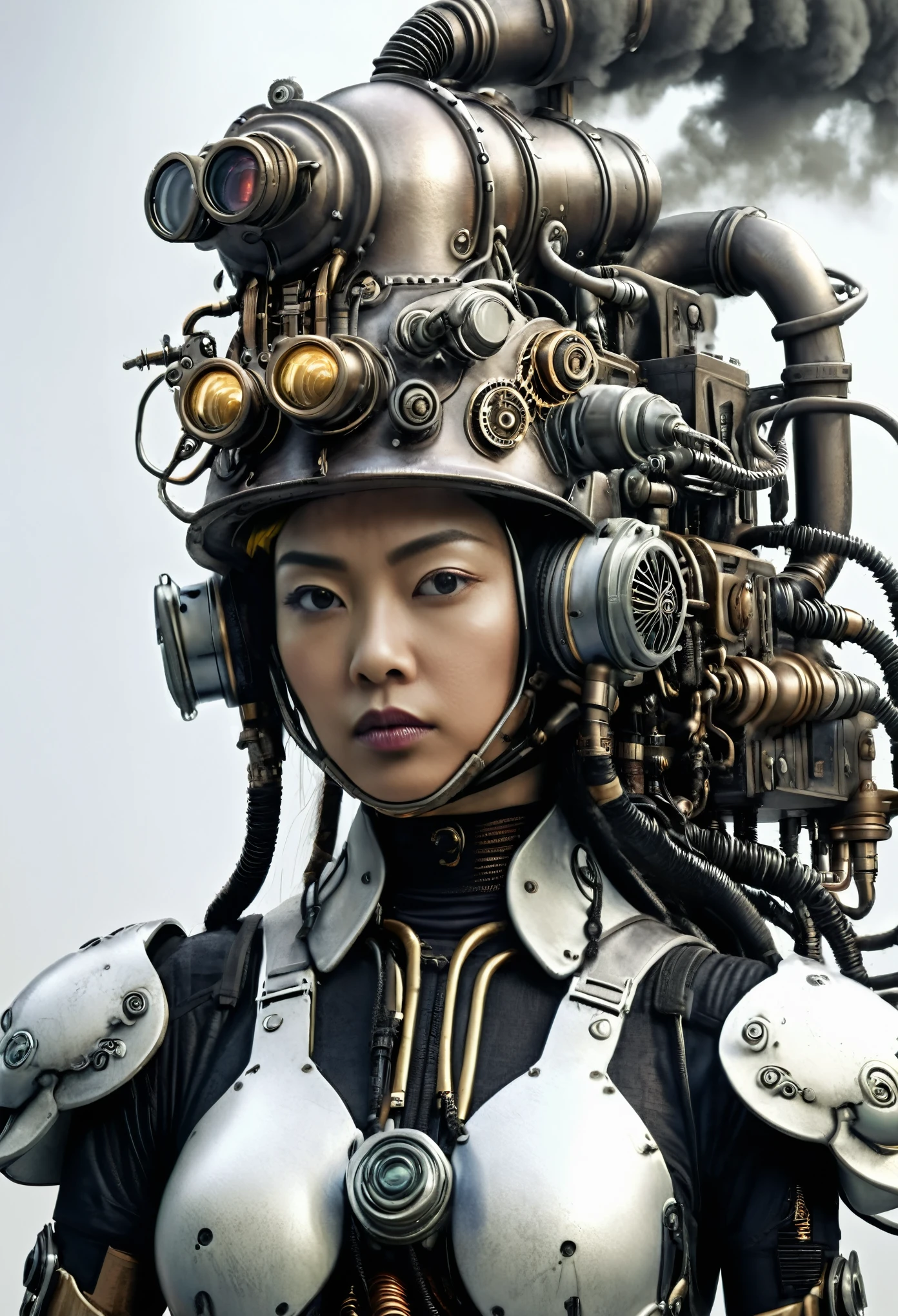 ohwx japanese women, a steam punk cyborg, front view, white background, unreal engine, inspired by HR Giger, half body portrait, highly detailed, photo realistic, cinematic, movie still, captured in the style of Sony Alpha A7 III camera