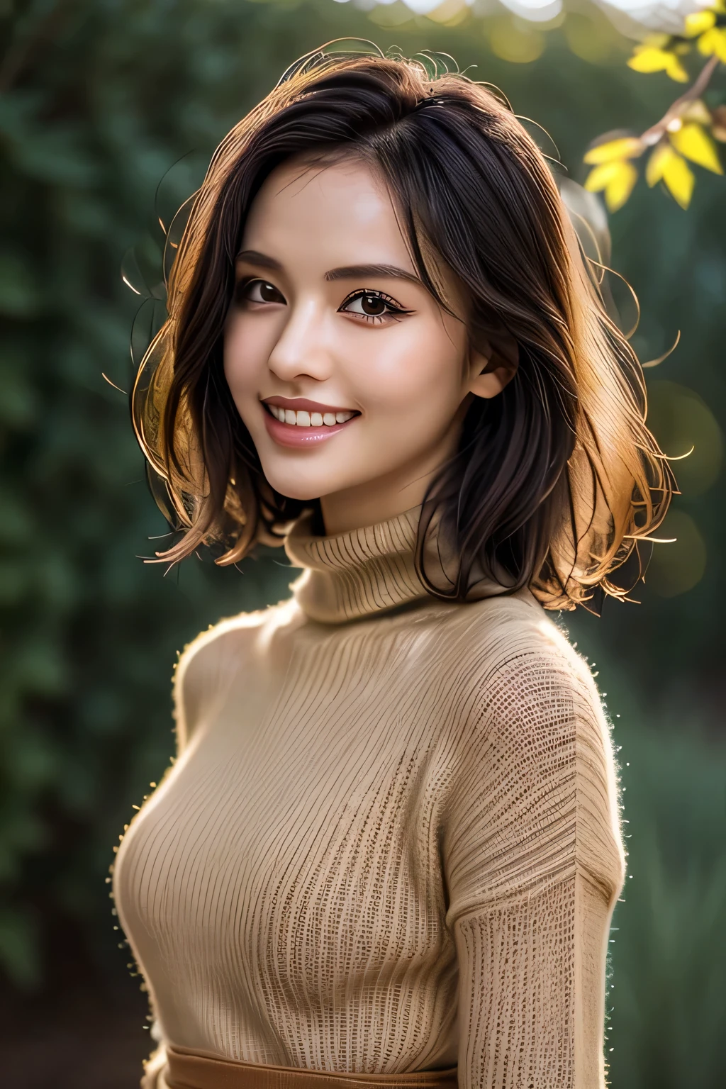 (8k, RAW Photos, highest quality, masterpiece, Realistic, Realistic), (1 female), (Ultimate beauty), Highly detailed face, Fine grain, Double eyelash, eyelash, smile, (Perfect Teeth), Lip details, Brunette Bob, Big Breasts, (Long turtleneck sweater), ((Brown mini skirt)), Cowboy Shot, background: garden, Soft Light, ((Written boundary depth)) 