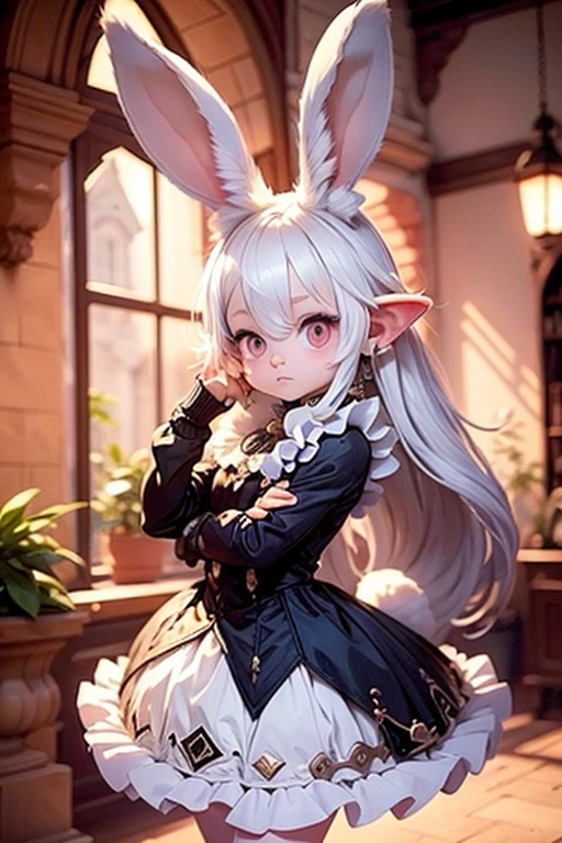 solo,1girl\((chibi:1.8),cute,kawaii,,(white hair:1.7),(very long hair:1.7),bangs,(ear\(fluffy white bunny-ear\):1.4),(red eye),big eye,beautiful shiny eye,skin color white,big hairbow,(white frilled dress:1.3),breast,(dancing ballet:1.3)\), BREAK ,background\(inside,gothic hall\), quality\(8k,wallpaper of extremely detailed CG unit, ​masterpiece,hight resolution,top-quality,top-quality real texture skin,hyper realisitic,increase the resolution,RAW photos,best qualtiy,highly detailed,the wallpaper,golden ratio\), BREAK ,(better hands),[rabbit:0.1],(better legs),5fingers each hand