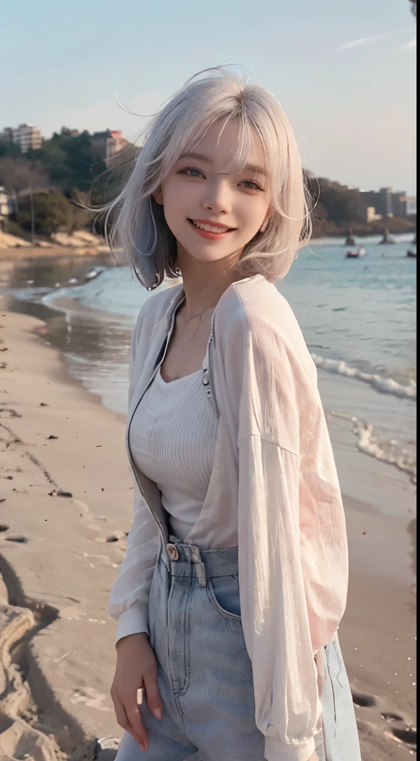 Best image quality、RAW Photos、超A high resolution、21 years old Korean、Small breasts、Dynamic Angle、Cowboy Shot、Chaos in its most beautiful form、elegant、Brutalist Design、Vibrant colors、Beautiful white hair、Short Bob、smile、fun、smile、Glowing White Skin、Beautiful eyes with random colors、Very thin lips、Beautiful eyes in every detail、 Narrow eyes、Cheeks are pale pink、Length eyelashes、Beautiful double eyelids、eye shadow、Bright white hair、Overalls、A thin see-through jacket、Sandy Beach、null、Shooting from below at an angle、Low - Angle、The wind is blowing、Hair fluttering、Uplifting、Full body photography、