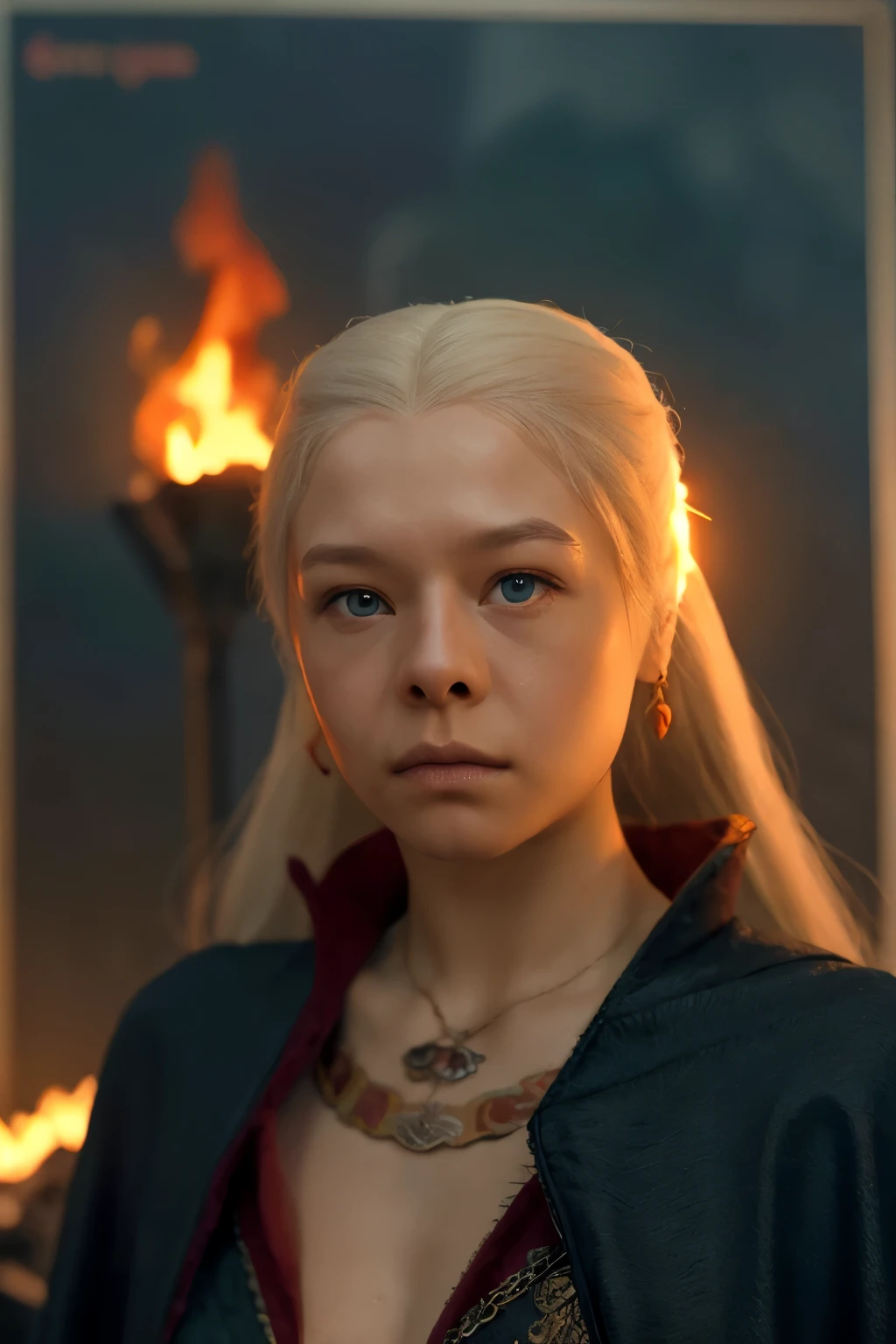 (masterpiece, best quality:1.2),  solo, (((Cinematic heavy metal poster))) of Rhaenyra Targaryen, (master part:1.0), (best quality:1.4), (Ultra Highres:1.2), (photorealistic:1.4), 8K resolution, Canon EOS R5, 50 millimeters, Absurd, Ultra Detailed, sharp focus, Cinematic lighting, detailed face,  (ULZZANG-6500-V1.1), detailed skin texture, pale skin, chest round, (pale :0.5), Cinematic lighting. (((Abstract flames background, cinematic lighting )))