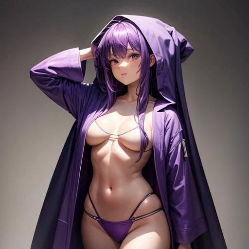 A purple-haired woman hiding her body in a robe