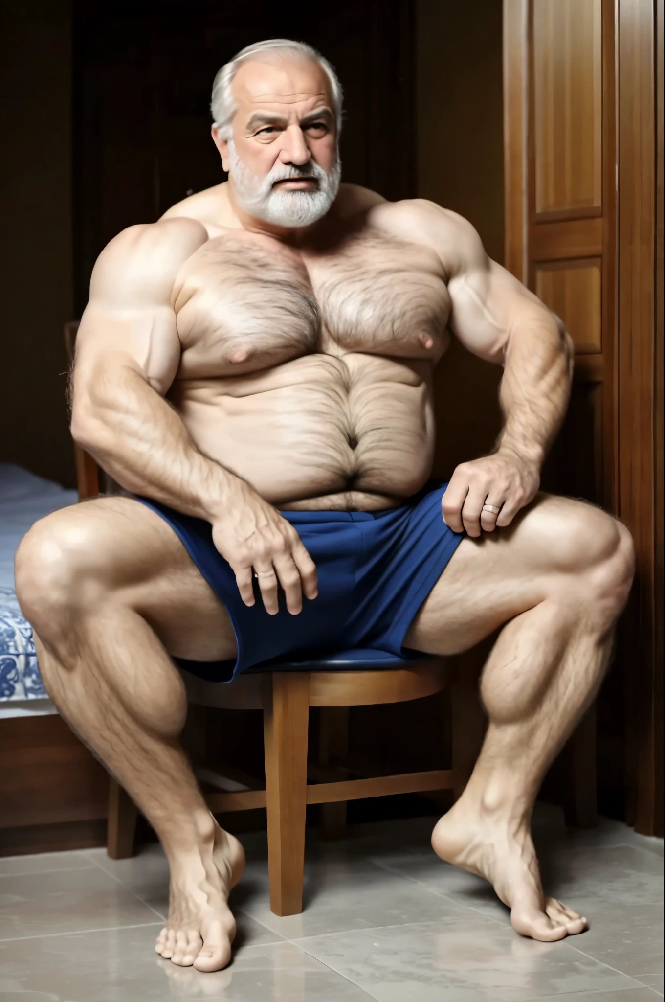 mature old man, grandpa, turkish, virile, bulging muscles, rotund, white body hair, furry, unshaven, massive feet, barefoot, clear eyes, intricate details, full body