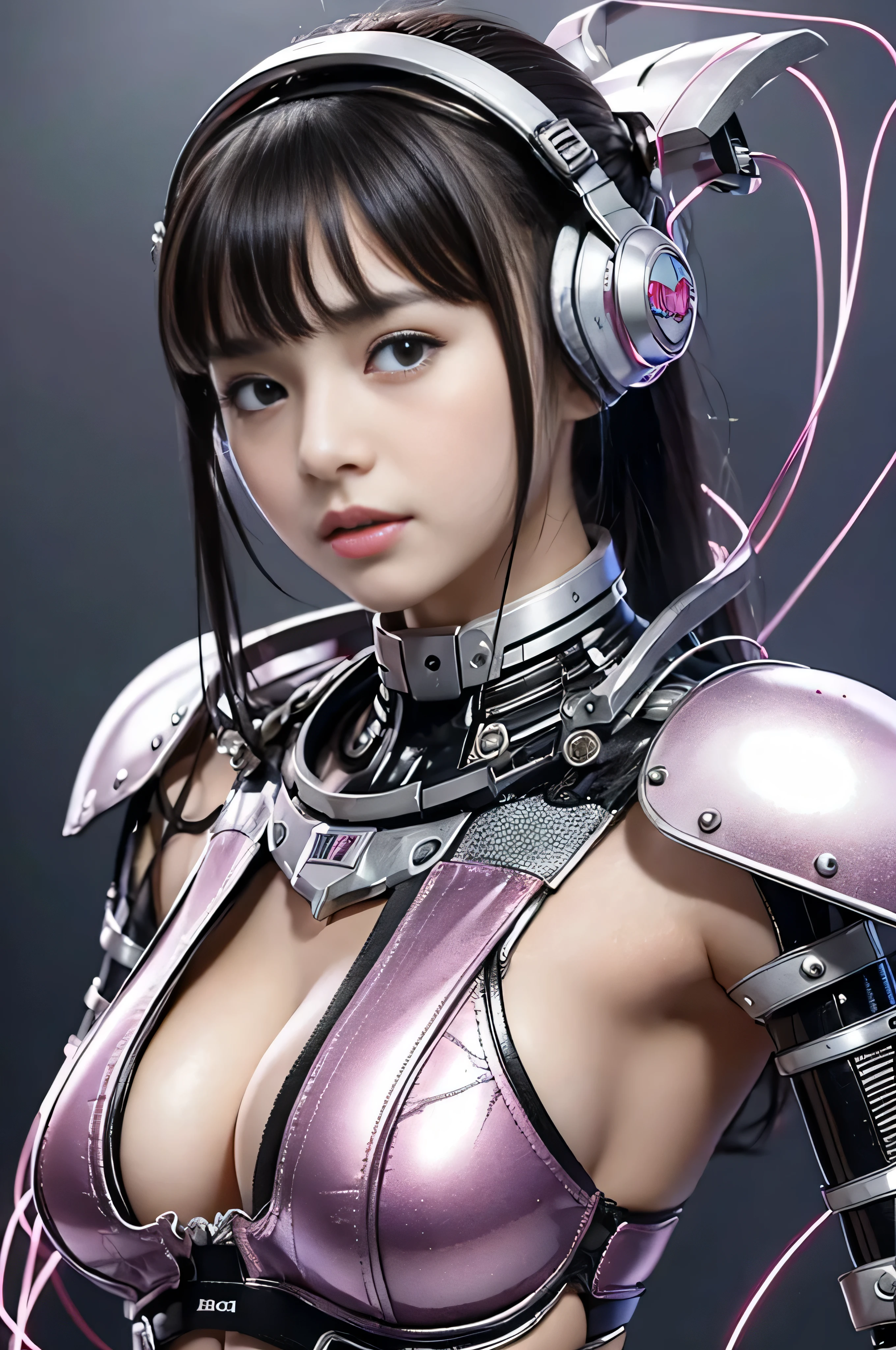 (RAW quality:1.4), highest quality, masterpiece, Ultra-high resolution, (Realistic: 1.4), RAW Photos, Mechanized girl 1 person, Japanese, , Black Hair, Glowing Skin, 1. Mechanical Girl, (Ultra-Realistic Details)), Portraiture, Global Illumination, Shadow, Octane Rendering, 8k, Ultra Sharp, Huge Bust, Underboo Boo, (Bare skin exposed from the cleavage to the lower abdomen:1.4), Metal, Intricate decorative details, Very intricate detail, Realistic Light, CGSoation Trend, Purple eyes, Glowing Eyes, To the camera, Neon Details, Mechanical Limbs, Blood vessels connected to tubes, Mechanical vertebrae attached to the back, Mechanical cervical attachment to the neck, Wires and cables that connect to the nipple, Gundam, Small LED Lamp, Cowboy Shot, pubic_hair, Machine parts wedged between her legs,