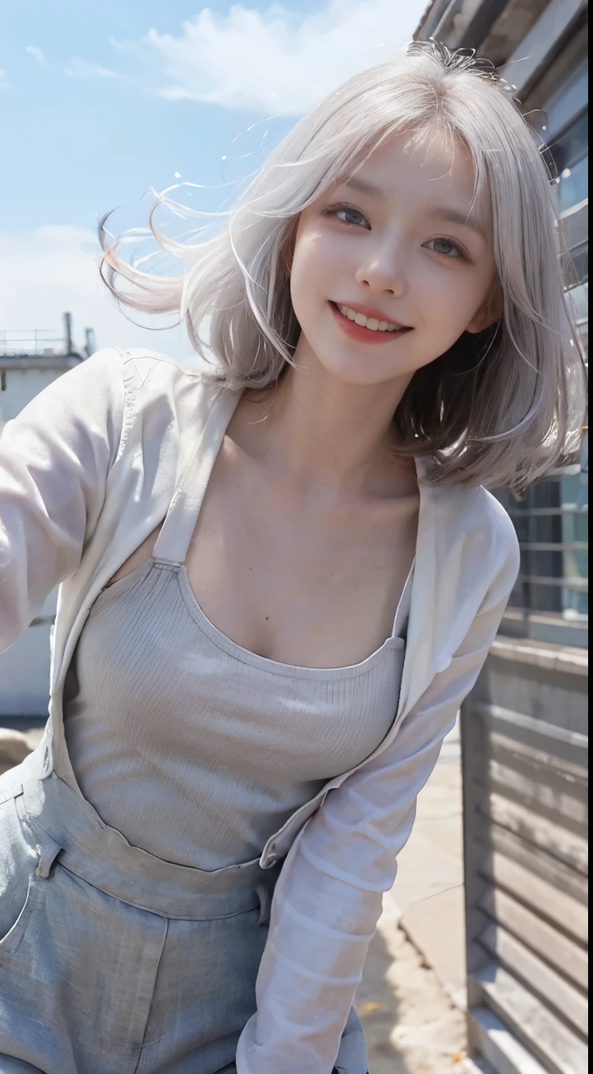 Best image quality、RAW Photos、超A high resolution、21 years old Korean、Small breasts、Dynamic Angle、Cowboy Shot、Chaos in its most beautiful form、elegant、Brutalist Design、Vibrant colors、Beautiful white hair、Short Bob、smile、fun、smile、Glowing White Skin、Beautiful eyes with random colors、Very thin lips、Beautiful eyes in every detail、 Narrow eyes、Cheeks are pale pink、Length eyelashes、Beautiful double eyelids、eye shadow、Bright white hair、Overalls、A thin see-through jacket、Sandy Beach、null、Shooting from below at an angle、Low - Angle、The wind is blowing、Hair fluttering、Uplifting、Full body photography、