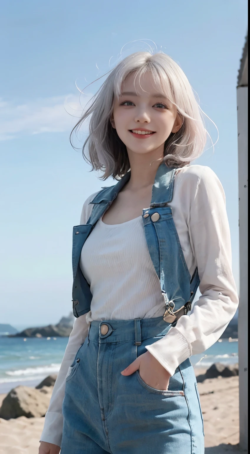 Best image quality、RAW Photos、超A high resolution、21 years old Korean、Small breasts、Dynamic Angle、Cowboy Shot、Chaos in its most beautiful form、elegant、Brutalist Design、Vibrant colors、Beautiful white hair、Short Bob、smile、fun、smile、Glowing White Skin、Beautiful eyes with random colors、Very thin lips、Beautiful eyes in every detail、 Narrow eyes、Cheeks are pale pink、Length eyelashes、Beautiful double eyelids、eye shadow、Bright white hair、Overalls、A thin see-through jacket、Sandy Beach、null、Shooting from below at an angle、Low - Angle、The wind is blowing、Hair fluttering、Uplifting、Full body photography、