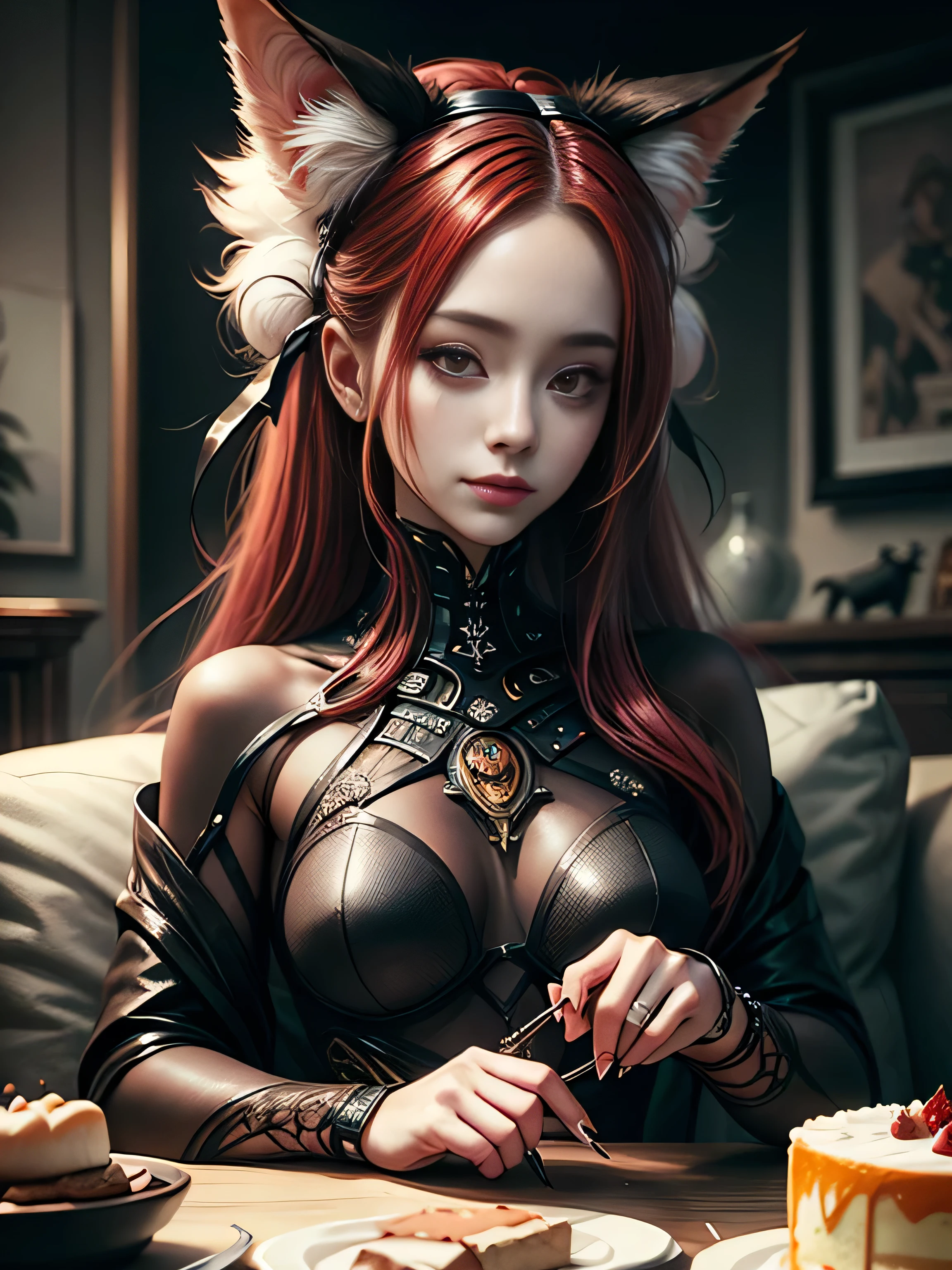 (masterpiece: 1.2), (best quality), (ultra detail), (8k, 4k, complex), (half frame: 1.2), (high detail: 1.2), (face detail: 1.2), (Realistic) stylish fox with red hair hair in leather clothes, cat and cake sitting on the sofa, attractive fox girl, Ruan Jia and Artgerm, Artgerm style, beautiful young fox girl, model ig | artgerm, cgstation trends, fox girl, Ideal female body, Eyes looking at camera (with long red hair, long bangs, Forehead, smile, seductive, inspired by anime character portrait) color difference, depth of field, dramatic shadow, ray tracing ,best quality,highly detailed CG,8K wallpaper,female model,[Carefully rendered hair [More about beautiful and shiny hair]],(Perfect hand detail [Beautiful fingers without breakage [Beautiful nails]],(Perfect anatomy (Perfect proportions) ) [[Full body view]],[Perfect color coordination (Accurate imitation of the interaction of light and material)], [Fine art that conveys the meaning of the story]