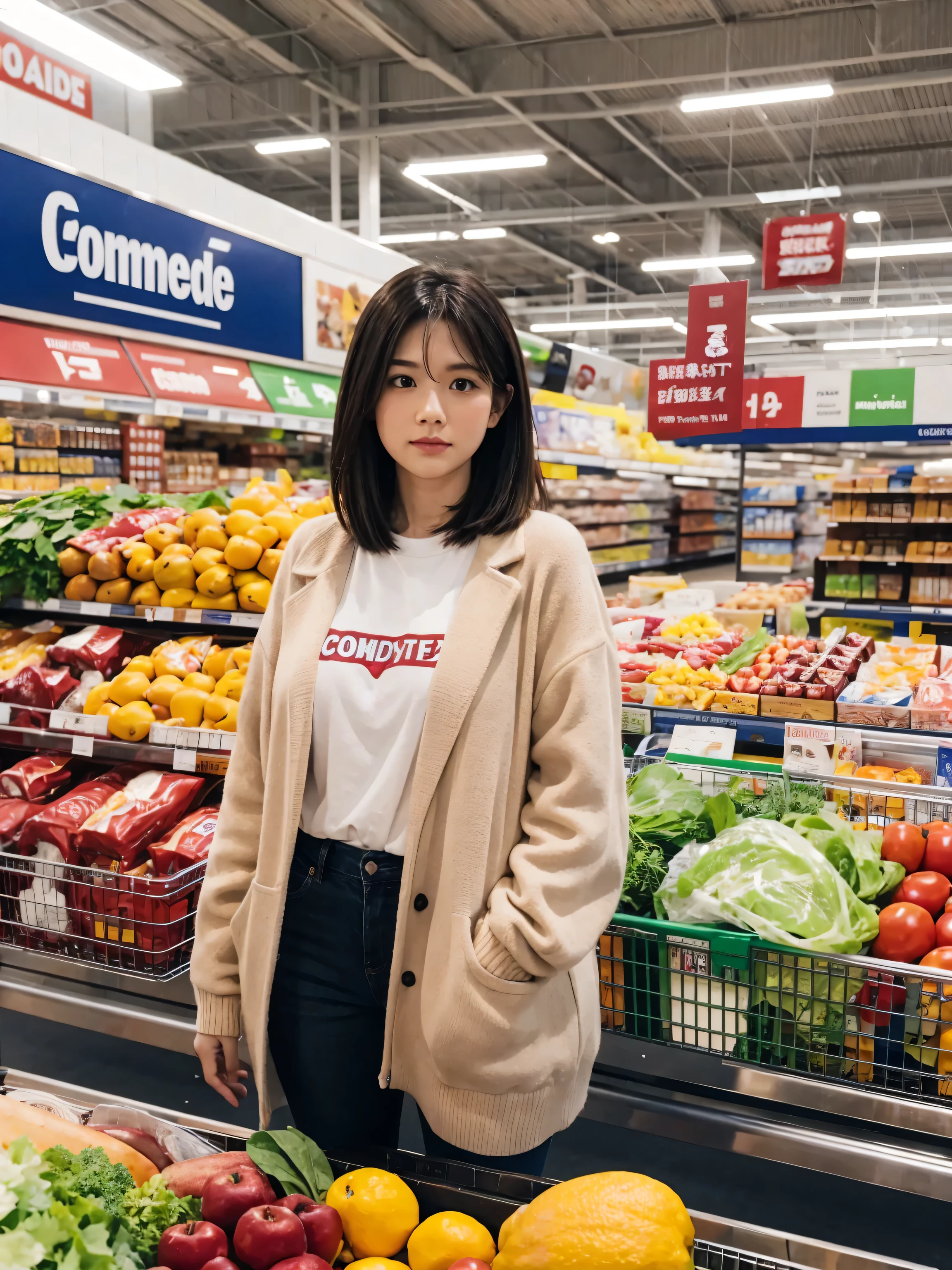 Woman standing in front of Costco groceries,