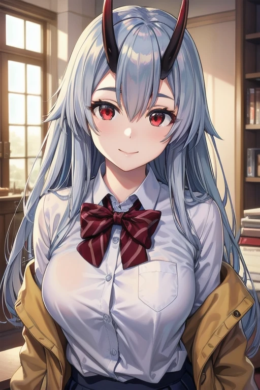 A highly detailed, photorealistic portrait of Tomoe Gozen, a beautiful young woman with red eyes, a cute smile, and silver hair partially covering her eyes, wearing a light jacket, blouse, and skirt in a college uniform style, with oni horns, masterfully rendered in the Torino style, best quality, 4k, 8k, ultra-detailed, realistic, photo-realistic, vivid colors, professional, studio lighting