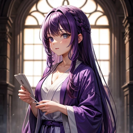 Purple-haired woman in a robe